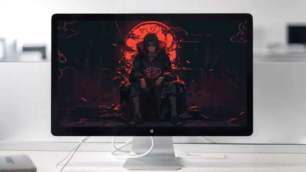 Fond d'écran Itachi Uchiha 4k montrant un membre d'Akatsuki assis sur un trône sombre avec une lune rouge Téléchargement gratuit d'arrière-plan HD pour PC et mobile