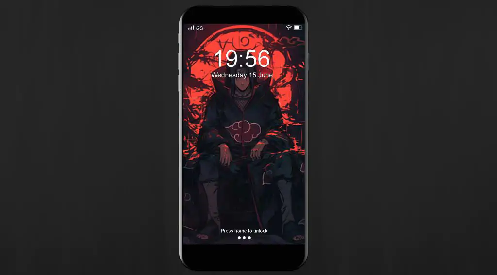 Itachi Uchiha wallpaper 4k showing Akatsuki member seated on dark throne with red moon HD background free download for Pc & mobile