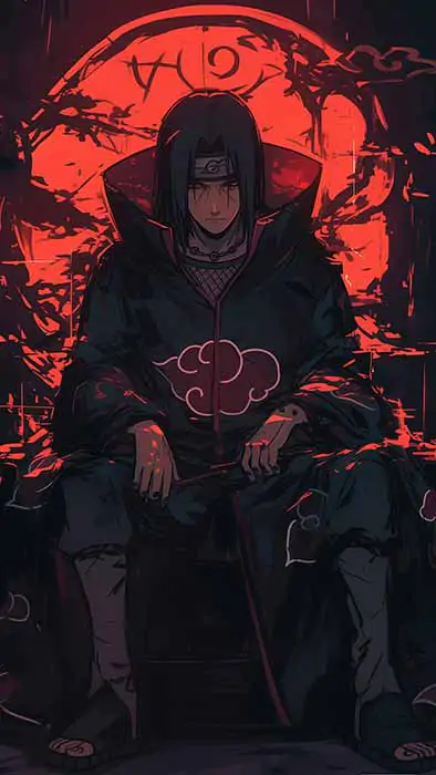 Itachi Uchiha wallpaper 4k showing Akatsuki member seated on dark throne with red moon HD background free download for Pc & mobile