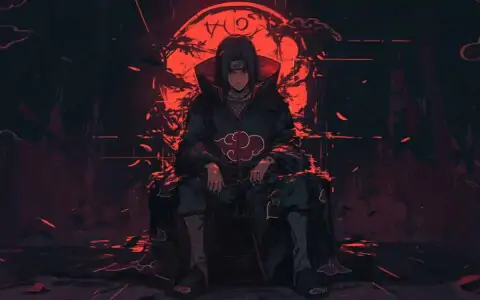 Itachi Uchiha wallpaper 4k showing Akatsuki member seated on dark throne with red moon HD background free download for Pc & mobile