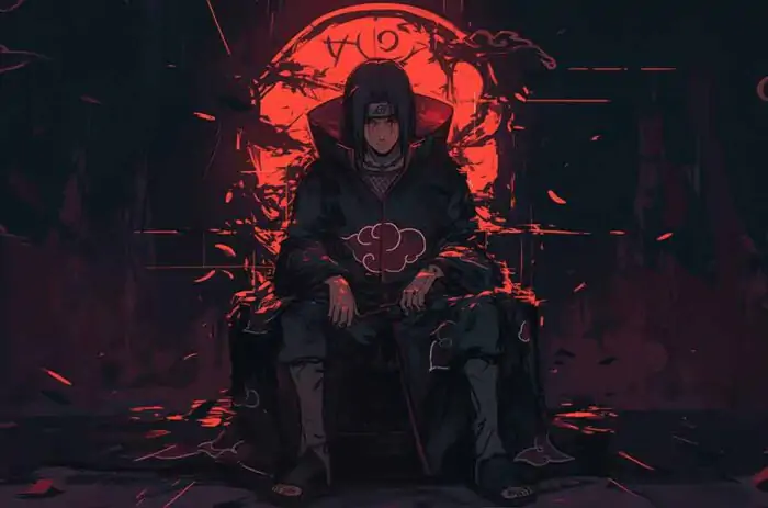 Itachi Uchiha wallpaper 4k showing Akatsuki member seated on dark throne with red moon HD background free download for Pc & mobile