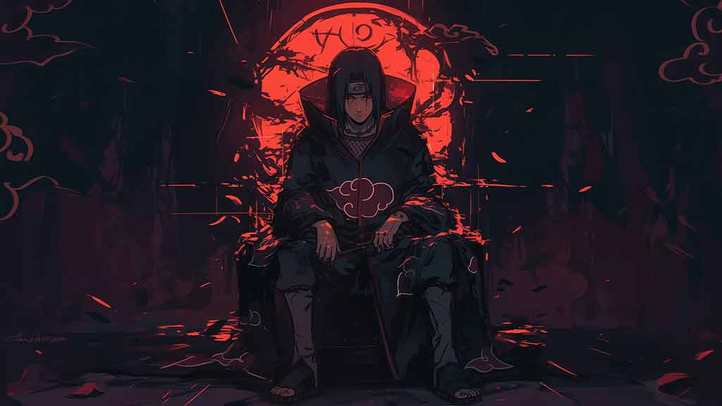 Fond d'écran Itachi Uchiha 4k montrant un membre d'Akatsuki assis sur un trône sombre avec une lune rouge Téléchargement gratuit d'arrière-plan HD pour PC et mobile