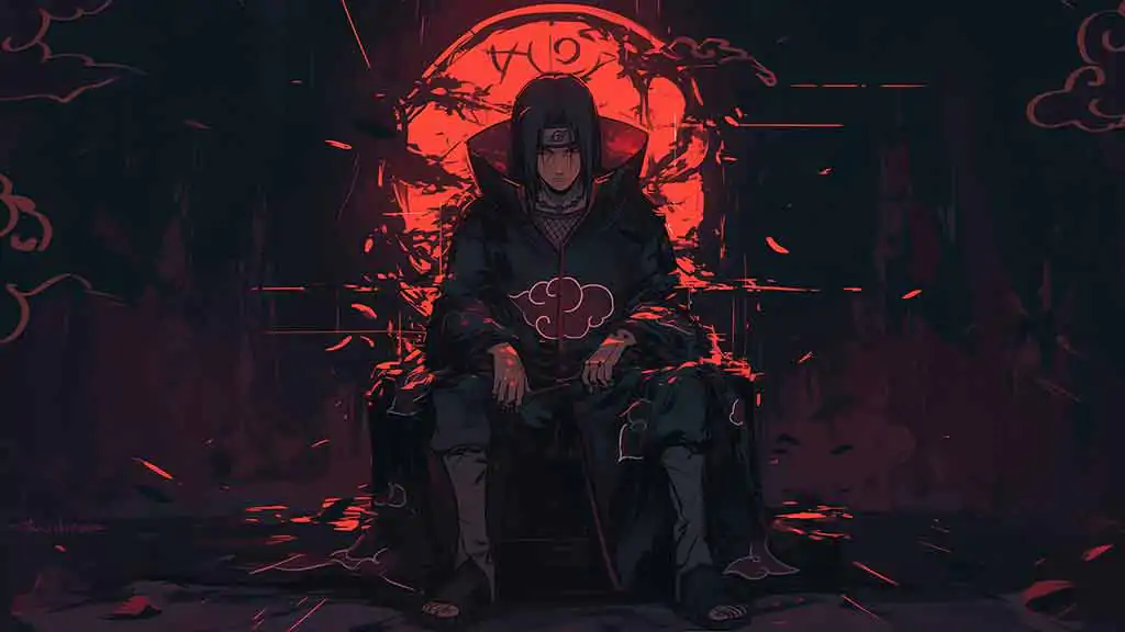 Itachi Uchiha wallpaper 4k showing Akatsuki member seated on dark throne with red moon HD background free download for Pc & mobile