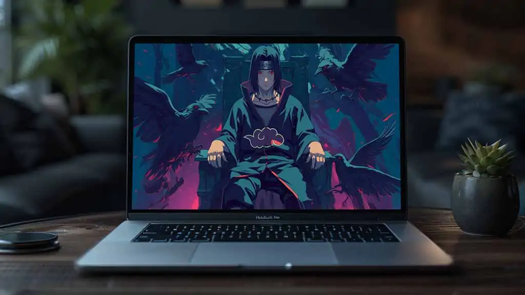 Fond d'écran 4K HD du membre d'Akatsuki Itachi Uchiha assis sur un trône sombre téléchargement gratuit pour PC et téléphone portable