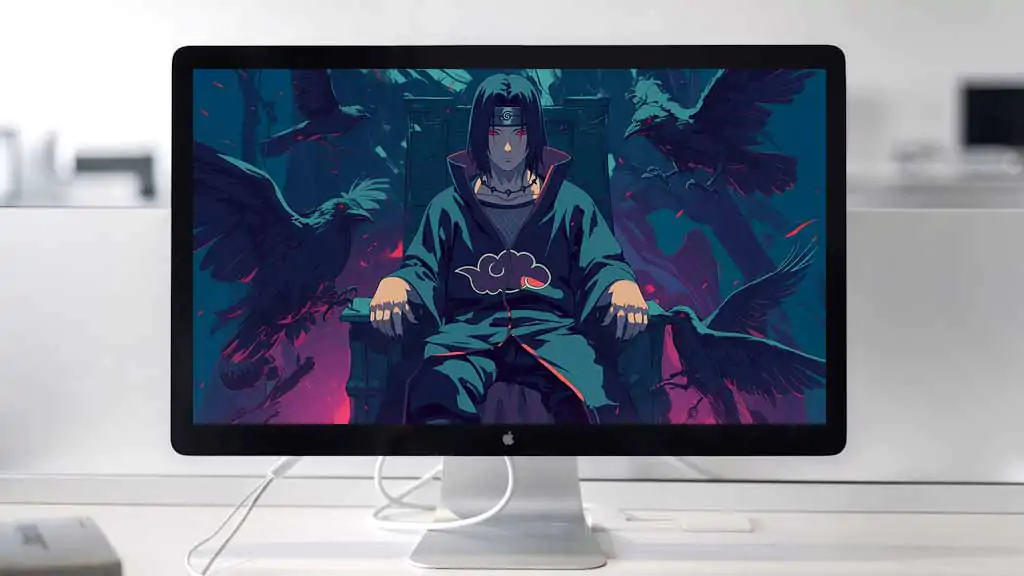 Fond d'écran 4K HD du membre d'Akatsuki Itachi Uchiha assis sur un trône sombre téléchargement gratuit pour PC et téléphone portable