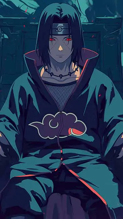 Fond d'écran 4K HD du membre d'Akatsuki Itachi Uchiha assis sur un trône sombre téléchargement gratuit pour PC et téléphone portable