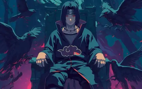 Akatsuki member Itachi Uchiha seated on dark throne wallpaper 4k HD background free download for Pc & mobile phone