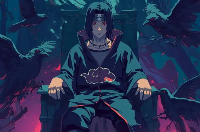 Fond d'écran 4K HD du membre d'Akatsuki Itachi Uchiha assis sur un trône sombre téléchargement gratuit pour PC et téléphone portable