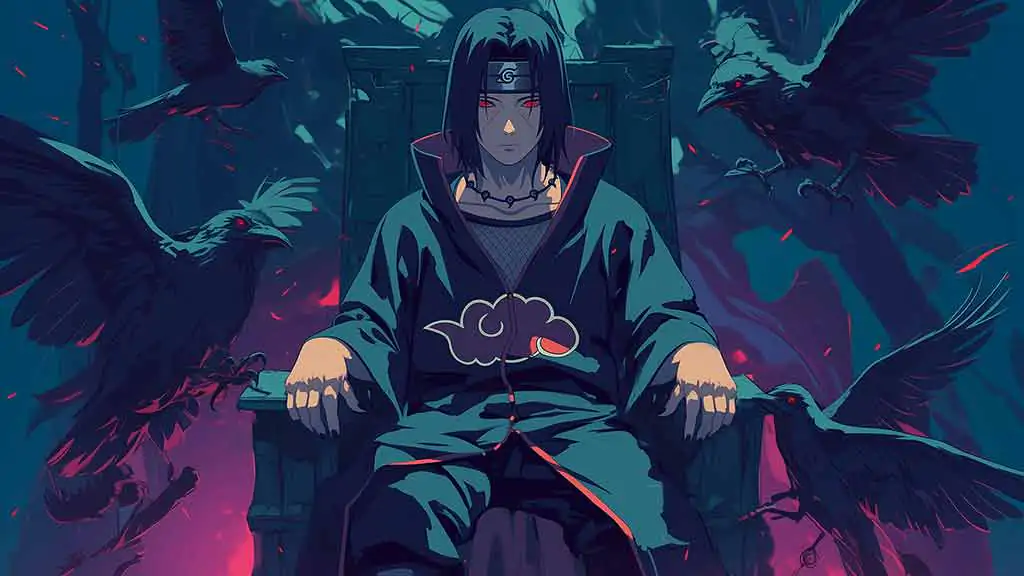 Fond d'écran 4K HD du membre d'Akatsuki Itachi Uchiha assis sur un trône sombre téléchargement gratuit pour PC et téléphone portable