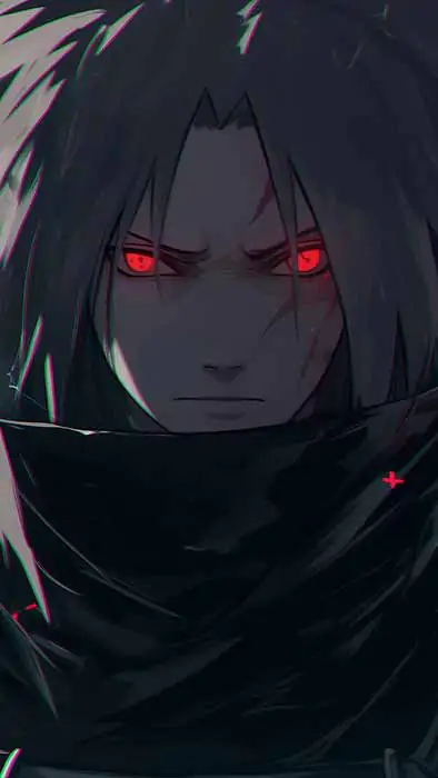 Madara Uchiha dark wallpaper 4k featuring red Sharingan eyes, dramatic light Naruto anime HD background free for Pc & mobile