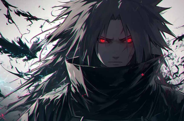 Fond d'écran sombre de Madara Uchiha 4k avec des yeux rouges Sharingan, une lumière dramatique Naruto anime HD background gratuit pour PC et mobile