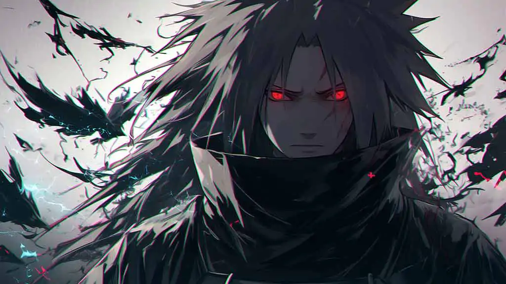 Madara Uchiha dark wallpaper 4k featuring red Sharingan eyes, dramatic light Naruto anime HD background free for Pc & mobile