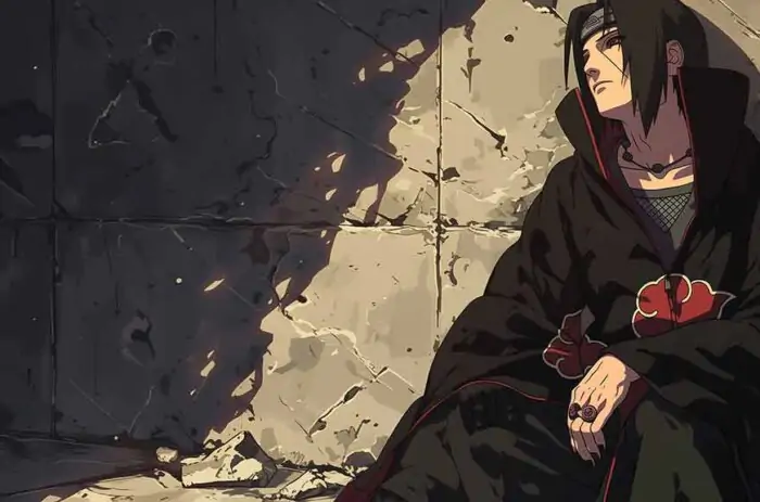 Itachi Uchiha in Akatsuki cloak against crumbling wall wallpaper 4k Ultra HD background free download for Pc & mobile phone