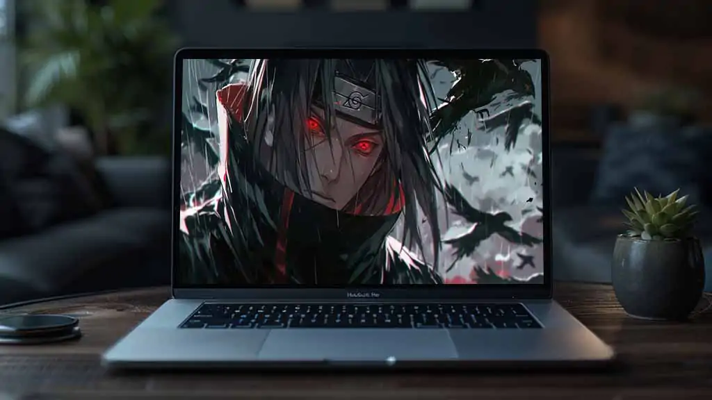 Itachi Uchiha mangekyou sharingan activé avec des corbeaux fond d'écran 4k Ultra HD téléchargement gratuit pour PC et téléphone portable