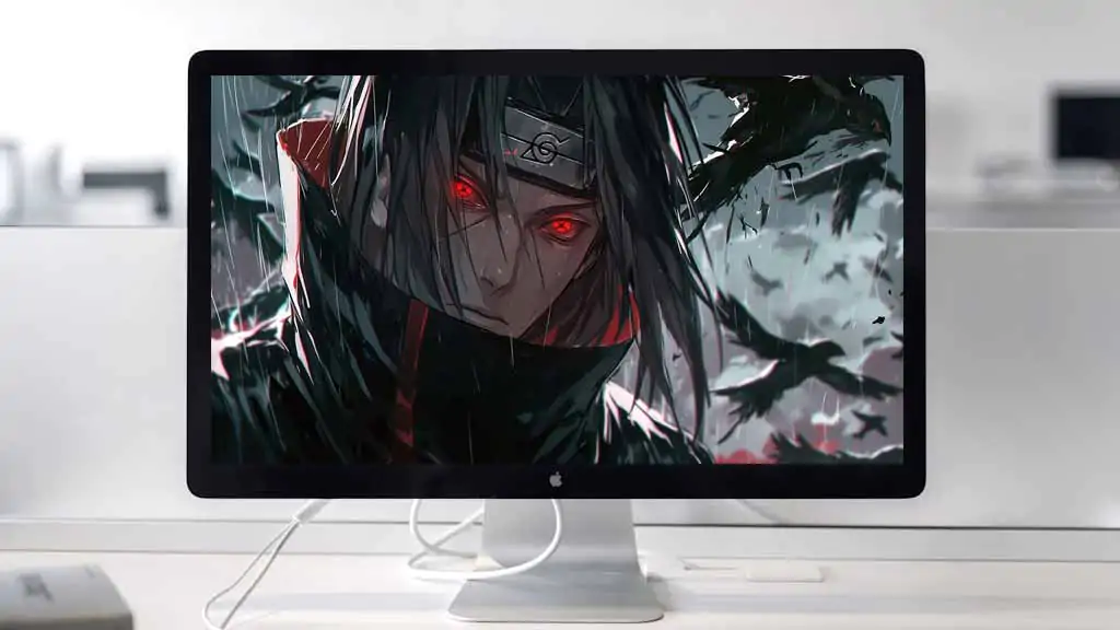 Itachi Uchiha mangekyou sharingan activé avec des corbeaux fond d'écran 4k Ultra HD téléchargement gratuit pour PC et téléphone portable