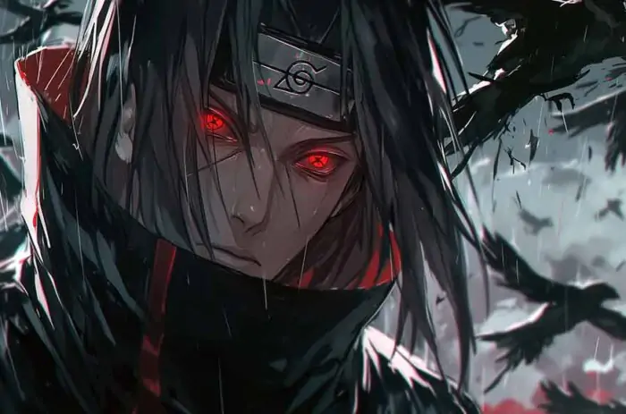 Itachi Uchiha mangekyou sharingan activé avec des corbeaux fond d'écran 4k Ultra HD téléchargement gratuit pour PC et téléphone portable