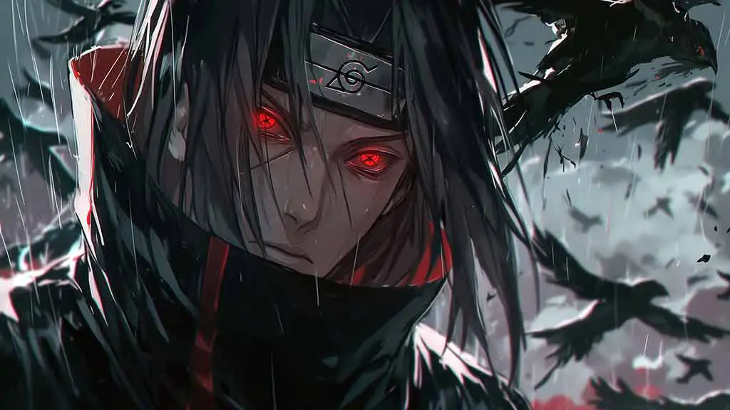 Itachi Uchiha mangekyou sharingan activé avec des corbeaux fond d'écran 4k Ultra HD téléchargement gratuit pour PC et téléphone portable