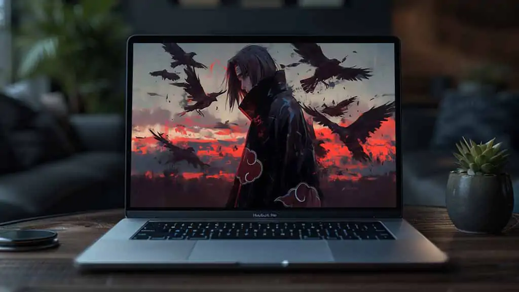 Itachi Uchiha wallpaper 4k showing silhouette with flying crows against crimson sunset sky, HD background free download for Pc & mobile