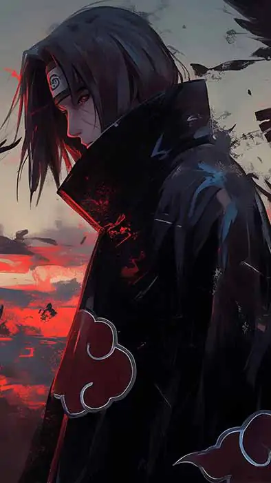 Fond d'écran Itachi Uchiha 4k montrant une silhouette avec des corbeaux volants contre un ciel de coucher de soleil cramoisi, téléchargement gratuit d'arrière-plan HD pour PC et mobile