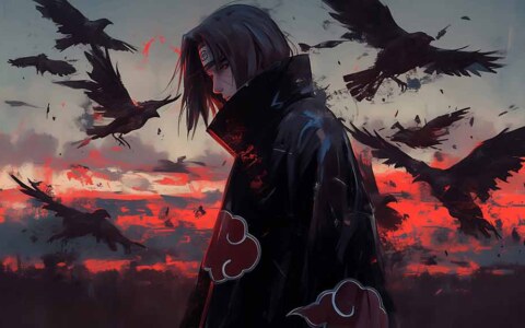 Itachi Uchiha wallpaper 4k showing silhouette with flying crows against crimson sunset sky, HD background free download for Pc & mobile