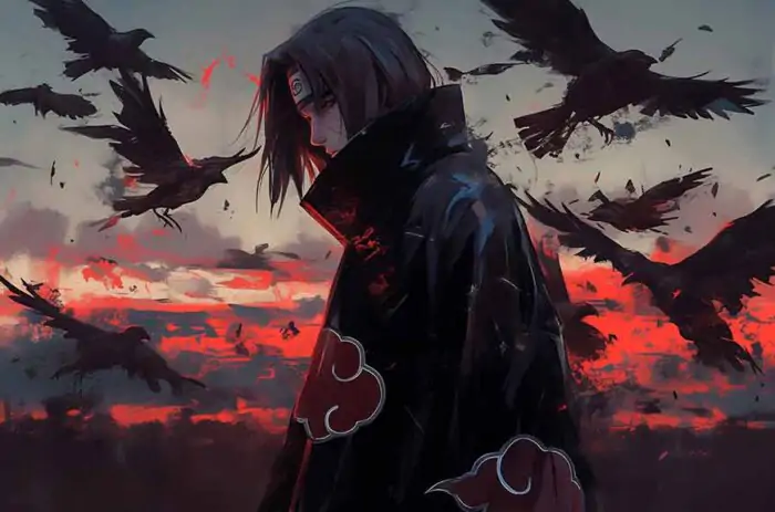 Itachi Uchiha wallpaper 4k showing silhouette with flying crows against crimson sunset sky, HD background free download for Pc & mobile