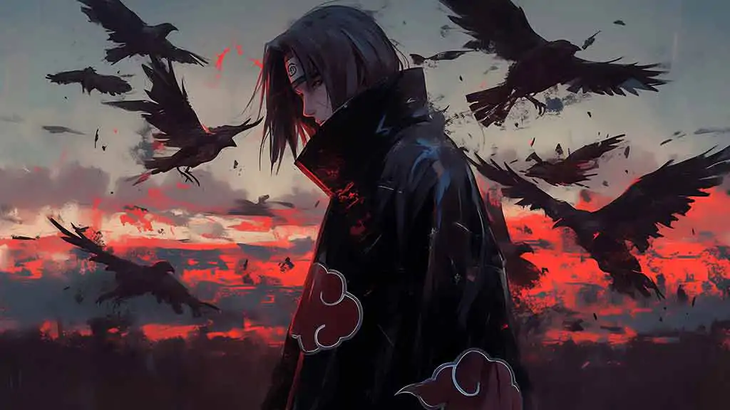 Fond d'écran Itachi Uchiha 4k montrant une silhouette avec des corbeaux volants contre un ciel de coucher de soleil cramoisi, téléchargement gratuit d'arrière-plan HD pour PC et mobile