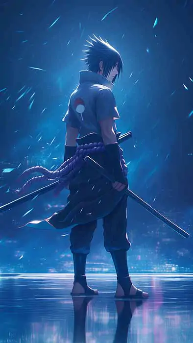 Uchiha Sasuke en pose complète, fond d'écran 4K, clair de lune ultra HD, arrière-plan d'anime Naruto téléchargement gratuit pour PC et téléphone mobile