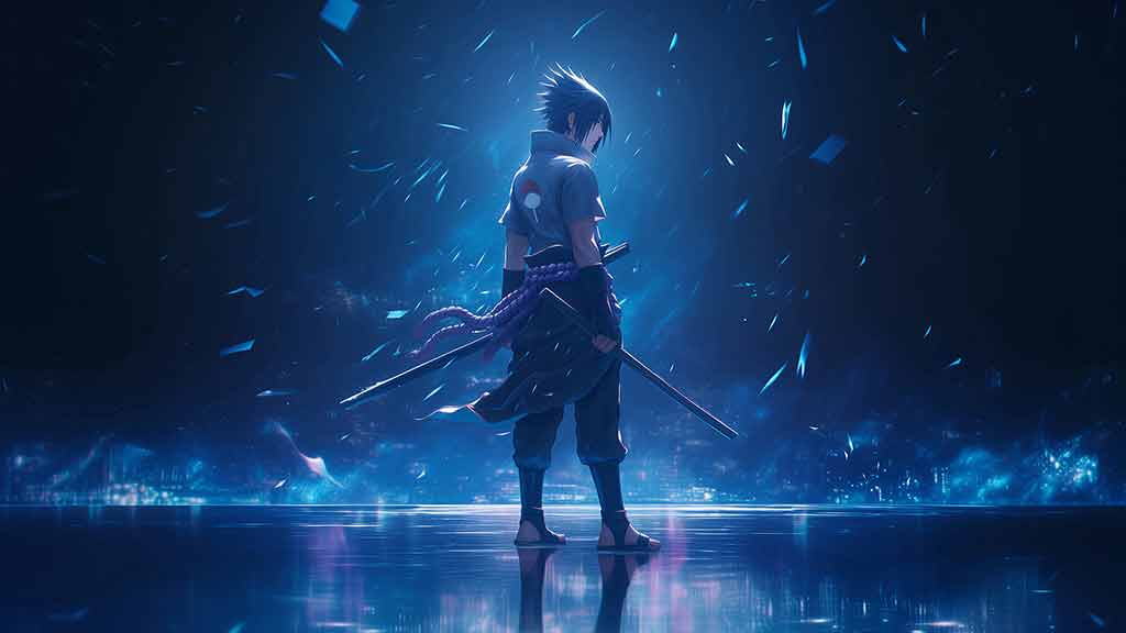 Uchiha Sasuke en pose complète, fond d'écran 4K, clair de lune ultra HD, arrière-plan d'anime Naruto téléchargement gratuit pour PC et téléphone mobile