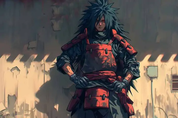 Madara Uchiha wallpaper 4k red dark armor against a wall Ultra HD background, free download for desktop and mobile phone