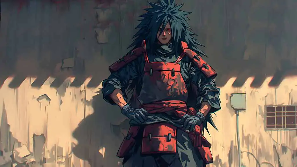 Madara Uchiha wallpaper 4k red dark armor against a wall Ultra HD background, free download for desktop and mobile phone