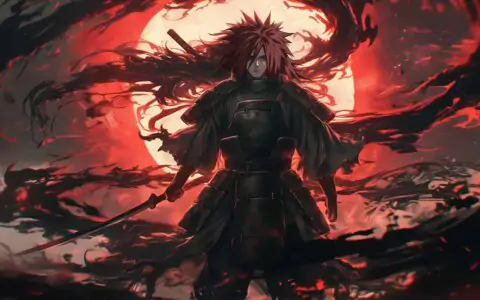 Madara Uchiha in battle armor against blood-red moon Free Ultra HD anime background for desktop & mobile phone