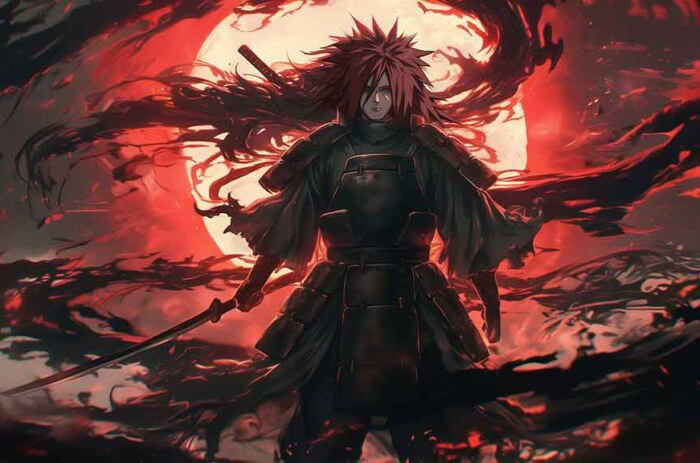 Madara Uchiha en armure de combat contre la lune rouge sang Fond d'écran animé Ultra HD gratuit pour ordinateur de bureau et téléphone portable