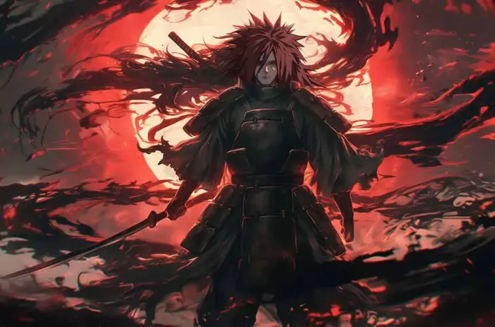 Madara Uchiha in battle armor against blood-red moon Free Ultra HD anime background for desktop & mobile phone