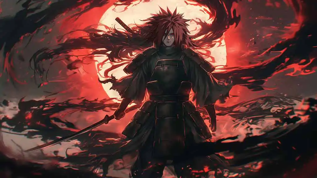 Madara Uchiha in battle armor against blood-red moon Free Ultra HD anime background for desktop & mobile phone