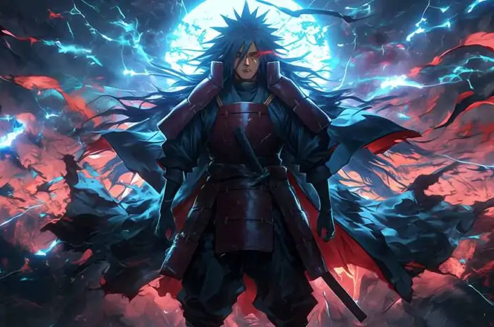 Madara Uchiha Moon wallpaper 4k red dark armor against a wall Ultra HD background, free download for desktop and mobile phone