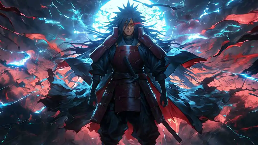 Madara Uchiha Moon wallpaper 4k red dark armor against a wall Ultra HD background, free download for desktop and mobile phone