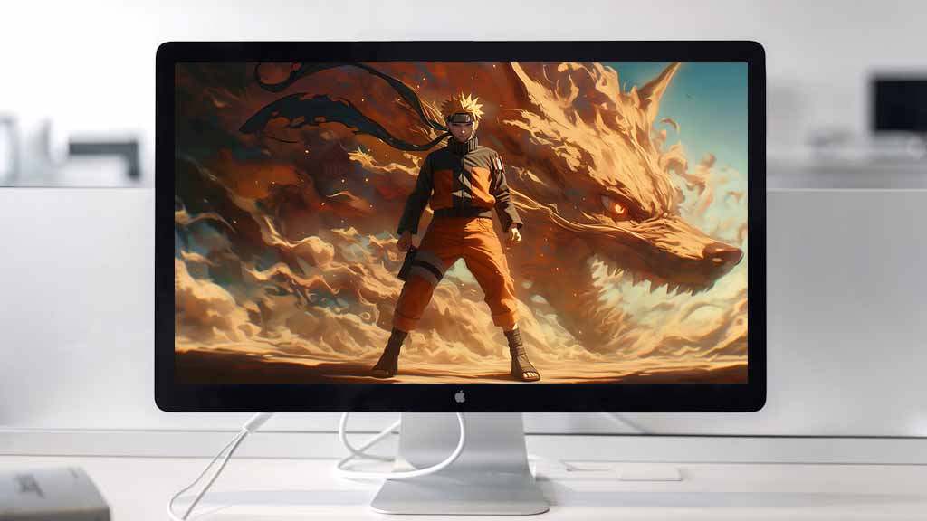 Naruto avec le renard à neuf queues Kurama fond d'écran 4K debout avec l'esprit de la bête renard, téléchargement gratuit pour ordinateur de bureau et téléphones portables