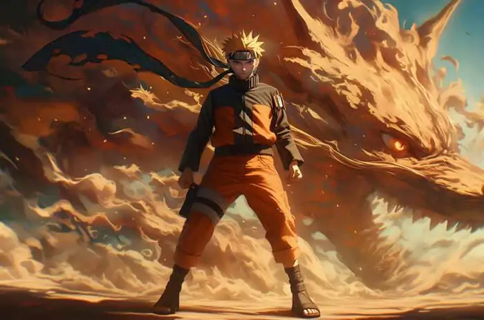 Naruto avec le renard à neuf queues Kurama fond d'écran 4K debout avec l'esprit de la bête renard, téléchargement gratuit pour ordinateur de bureau et téléphones portables