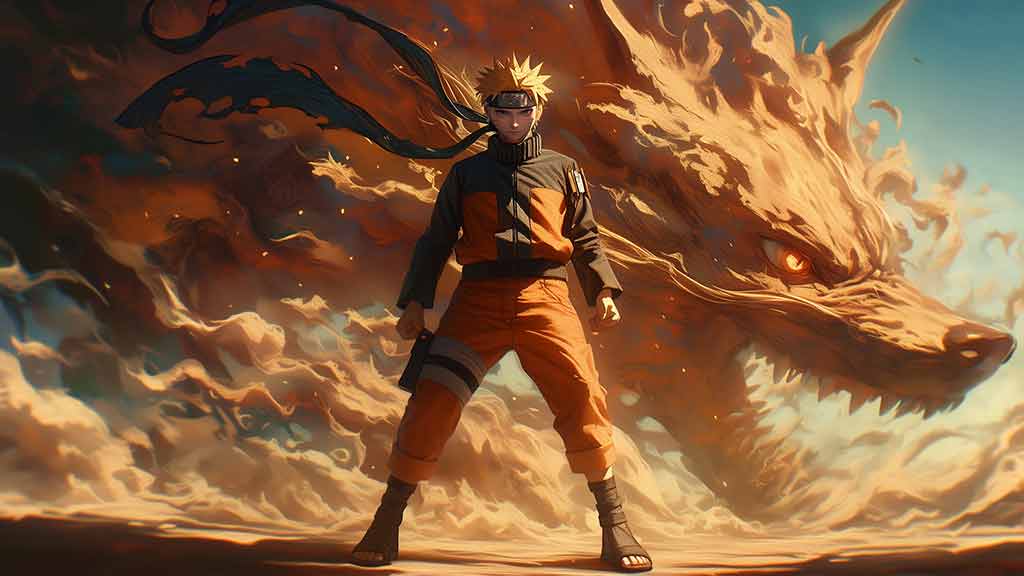 Naruto avec le renard à neuf queues Kurama fond d'écran 4K debout avec l'esprit de la bête renard, téléchargement gratuit pour ordinateur de bureau et téléphones portables
