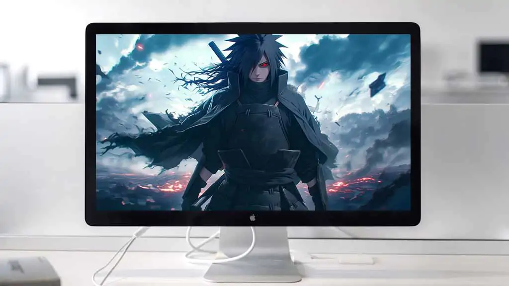 Fond d'écran Uchiha Madara 4K avec œil Sharingan sur fond orageux, téléchargement gratuit résolution HD pour ordinateur de bureau et mobile