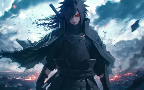 Uchiha Madara 4K wallpaper with Sharingan eye against stormy background, free download HD resolution for desktop and mobile