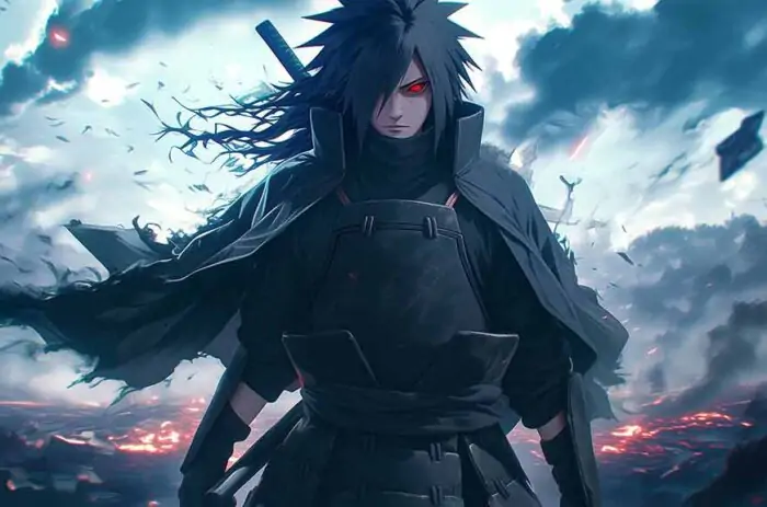 Uchiha Madara 4K wallpaper with Sharingan eye against stormy background, free download HD resolution for desktop and mobile