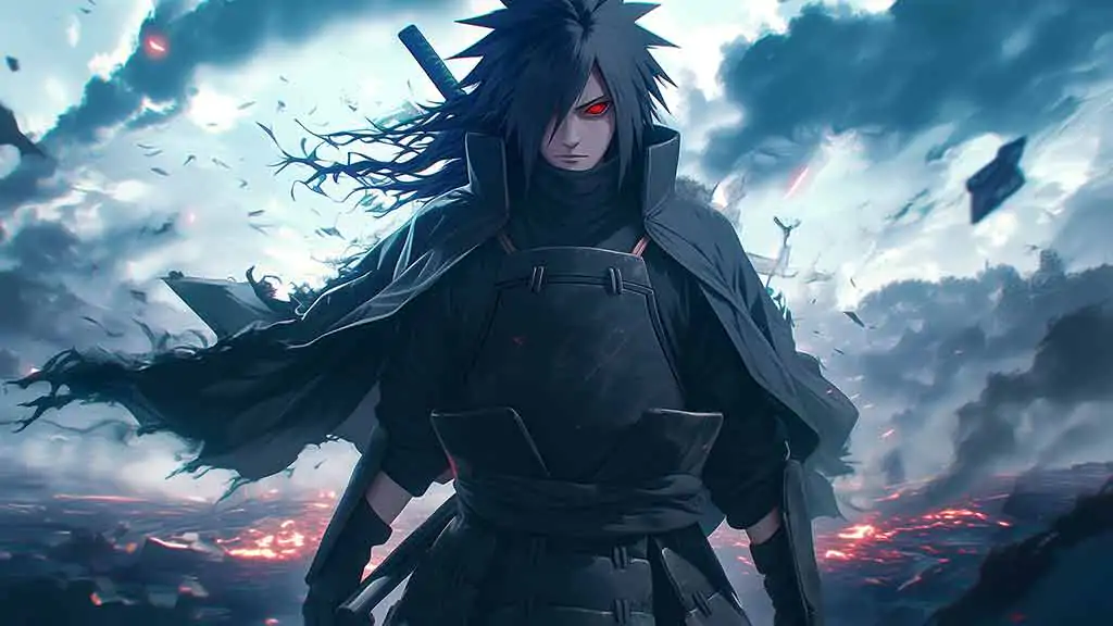 Uchiha Madara 4K wallpaper with Sharingan eye against stormy background, free download HD resolution for desktop and mobile