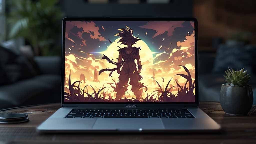 Silhouette de Goku contre un coucher de soleil doré - Fond d'écran épique paysage guerrier Dragon Ball 4K Ultra HD gratuit pour PC et mobile