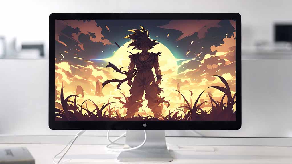 Silhouette de Goku contre un coucher de soleil doré - Fond d'écran épique paysage guerrier Dragon Ball 4K Ultra HD gratuit pour PC et mobile