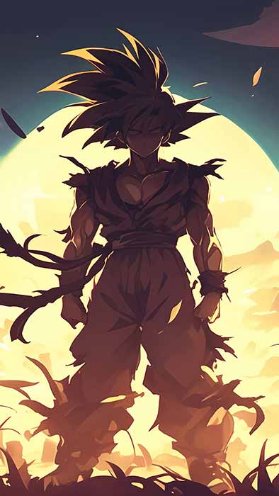 Silhouette de Goku contre un coucher de soleil doré - Fond d'écran épique paysage guerrier Dragon Ball 4K Ultra HD gratuit pour PC et mobile