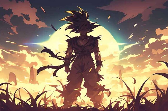 Silhouette de Goku contre un coucher de soleil doré - Fond d'écran épique paysage guerrier Dragon Ball 4K Ultra HD gratuit pour PC et mobile
