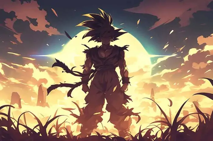 Goku Silhouette Against Golden Sunset - Epic Dragon Ball Warrior Landscape Wallpaper4k Ultra HD background free for Pc & mobile