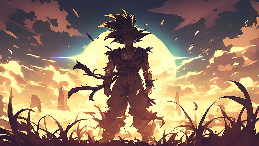 Silhouette de Goku contre un coucher de soleil doré - Fond d'écran épique paysage guerrier Dragon Ball 4K Ultra HD gratuit pour PC et mobile