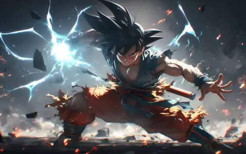 Dragon Ball Goku in battle stance with lightning effects and embers 4K wallpaper, ultra HD background free download for pc & mobile